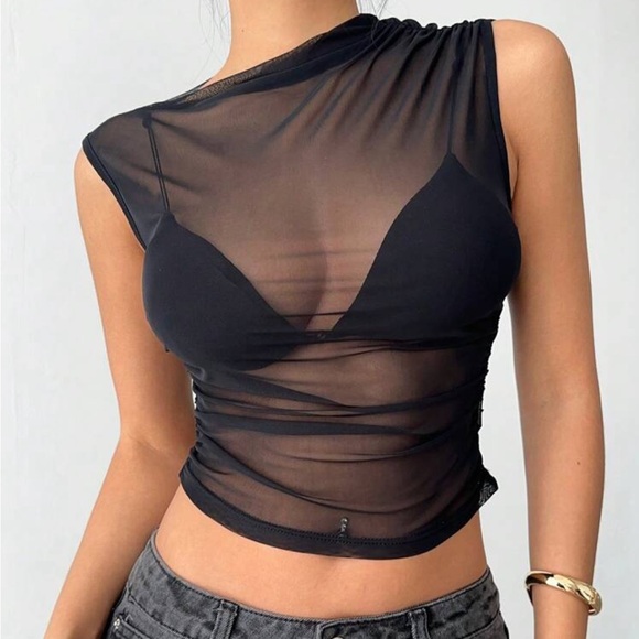 Siren Gaze Tops - Black Sheer Mesh Sleeveless Crop Top NEW 🏷️